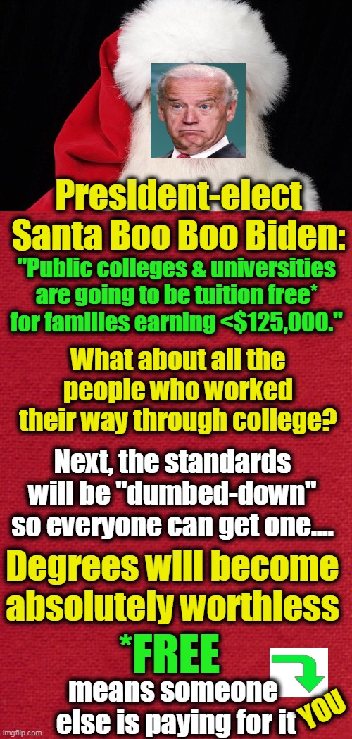 You Get What You Pay For... | President-elect Santa Boo Boo Biden:; "Public colleges & universities 

are going to be tuition free* 
for families earning <$125,000."; What about all the people who worked their way through college? Next, the standards will be "dumbed-down" so everyone can get one.... Degrees will become absolutely worthless; *FREE; means someone 
else is paying for it; YOU | image tagged in politics,joe biden,free stuff,democratic socialism,giveaway,free | made w/ Imgflip meme maker