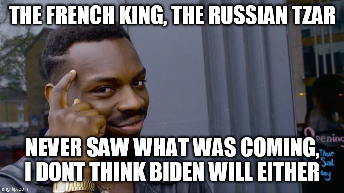 Roll Safe Think About It Meme | THE FRENCH KING, THE RUSSIAN TZAR; NEVER SAW WHAT WAS COMING, I DONT THINK BIDEN WILL EITHER | image tagged in memes,roll safe think about it | made w/ Imgflip meme maker