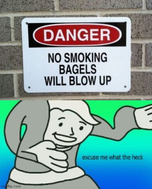 WARNING BAGELS BLOW UP | image tagged in fallout excuse me what the heck | made w/ Imgflip meme maker