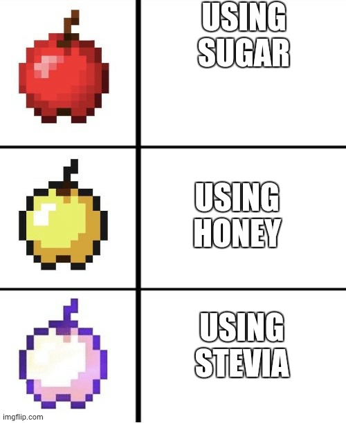 Minecraft apple format | USING SUGAR; USING HONEY; USING STEVIA | image tagged in minecraft apple format | made w/ Imgflip meme maker
