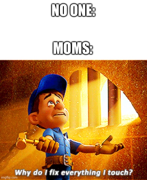Basic Life Logic | NO ONE:; MOMS: | image tagged in why do i fix everything i touch | made w/ Imgflip meme maker