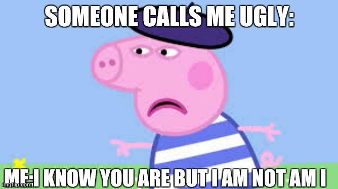 Is I ugly | SOMEONE CALLS ME UGLY:; ME:I KNOW YOU ARE BUT I AM NOT AM I | image tagged in angry french peppa | made w/ Imgflip meme maker