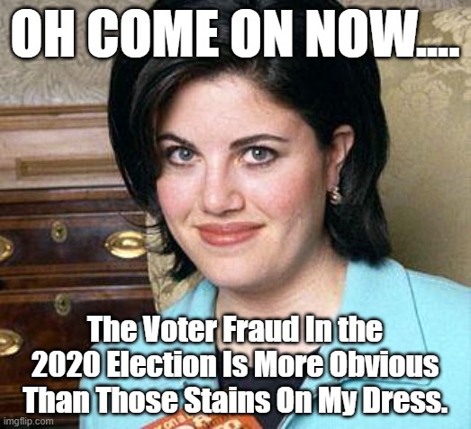 How can you insist theres nothing to see and still claim to have eyes?By Watching The MSM Non Reporting,Believing There Biases. | OH COME ON NOW.... The Voter Fraud In the 2020 Election Is More Obvious Than Those Stains On My Dress. | image tagged in monica lewinsky,voter fraud | made w/ Imgflip meme maker