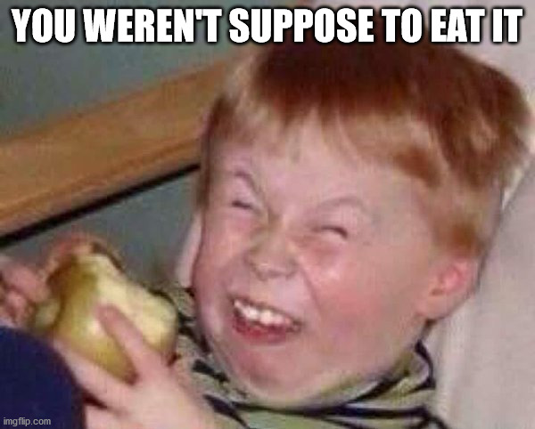 Apple eating kid | YOU WEREN'T SUPPOSE TO EAT IT | image tagged in apple eating kid | made w/ Imgflip meme maker