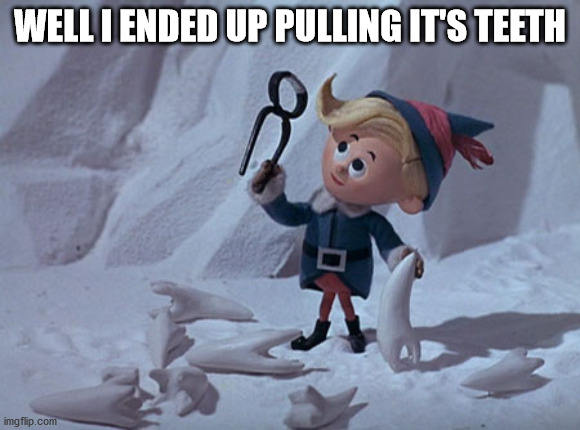 Hermey the dentist elf | WELL I ENDED UP PULLING IT'S TEETH | image tagged in hermey the dentist elf | made w/ Imgflip meme maker