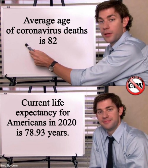 Avg age of coronavirus fatalities is 82; Avg life expectancy 78 | Average age of coronavirus deaths
 is 82; Current life expectancy for Americans in 2020 
is 78.93 years. | image tagged in jim halpert explains | made w/ Imgflip meme maker