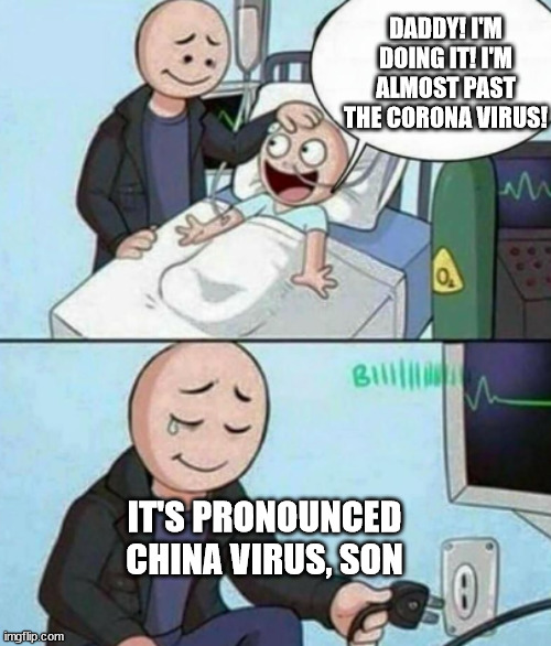 #1 Dad 2020 | DADDY! I'M DOING IT! I'M ALMOST PAST THE CORONA VIRUS! IT'S PRONOUNCED CHINA VIRUS, SON | image tagged in father unplugs life support,china virus,corona virus,sick,dead | made w/ Imgflip meme maker