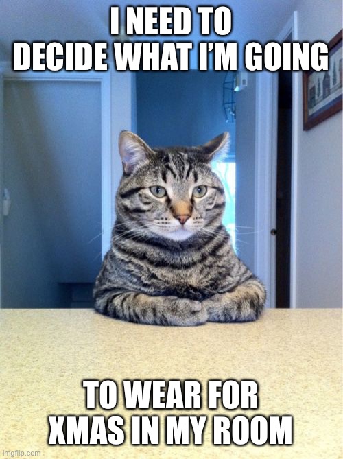 Take A Seat Cat Meme | I NEED TO DECIDE WHAT I’M GOING; TO WEAR FOR XMAS IN MY ROOM | image tagged in memes,take a seat cat | made w/ Imgflip meme maker