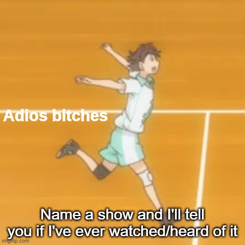 Adios bitches | Name a show and I'll tell you if I've ever watched/heard of it | image tagged in adios bitches | made w/ Imgflip meme maker