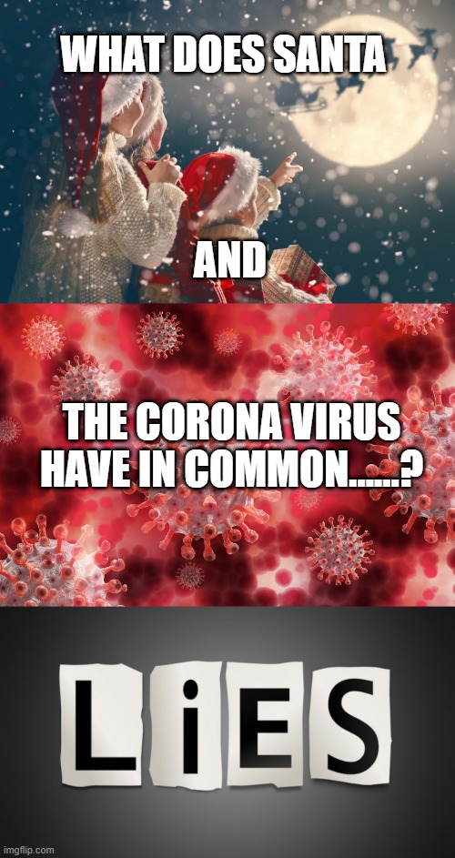 Santa virus | WHAT DOES SANTA; AND; THE CORONA VIRUS HAVE IN COMMON......? | image tagged in fake,virus,santa,christmas | made w/ Imgflip meme maker