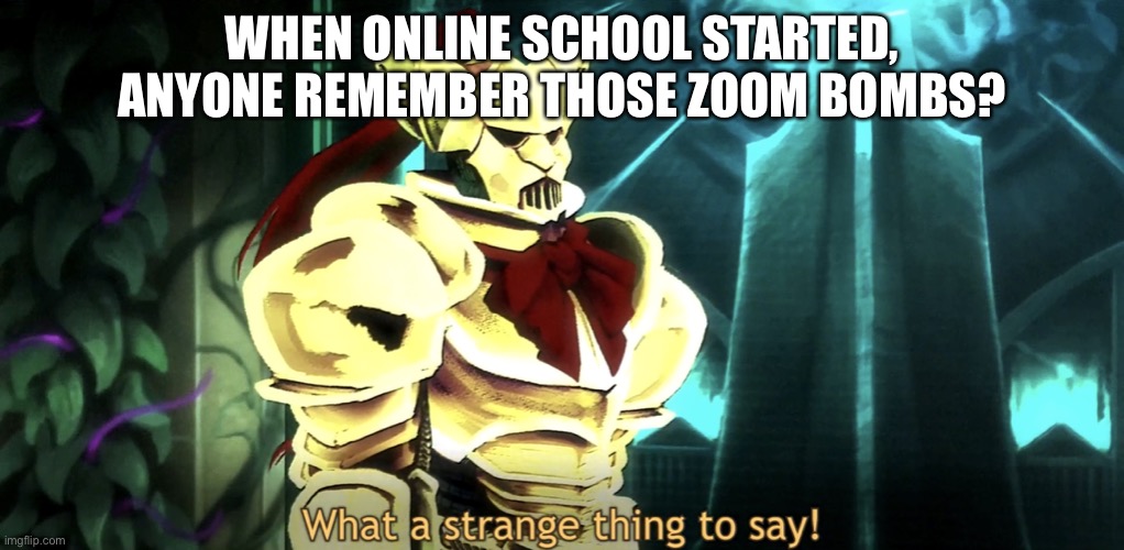 What a strange thing to say! | WHEN ONLINE SCHOOL STARTED, ANYONE REMEMBER THOSE ZOOM BOMBS? | image tagged in what a strange thing to say | made w/ Imgflip meme maker