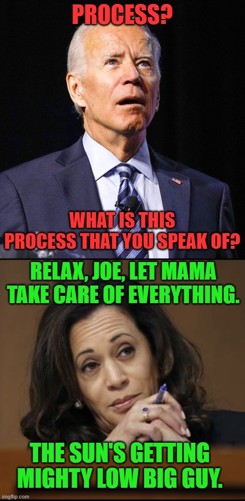 PROCESS? WHAT IS THIS PROCESS THAT YOU SPEAK OF? RELAX, JOE, LET MAMA TAKE CARE OF EVERYTHING. THE SUN'S GETTING MIGHTY LOW BIG GUY. | image tagged in joe biden,kamala harris | made w/ Imgflip meme maker