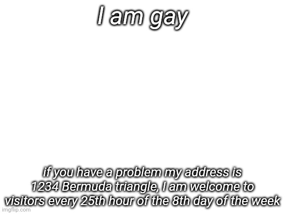 Blank White Template | I am gay; if you have a problem my address is 1234 Bermuda triangle, I am welcome to visitors every 25th hour of the 8th day of the week | image tagged in blank white template | made w/ Imgflip meme maker