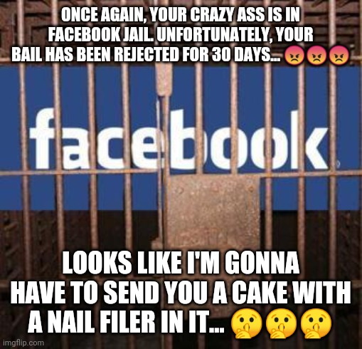 Facebook jail | ONCE AGAIN, YOUR CRAZY ASS IS IN FACEBOOK JAIL. UNFORTUNATELY, YOUR BAIL HAS BEEN REJECTED FOR 30 DAYS... 😡😡😡; LOOKS LIKE I'M GONNA HAVE TO SEND YOU A CAKE WITH A NAIL FILER IN IT... 🤫🤫🤫 | image tagged in facebook jail | made w/ Imgflip meme maker