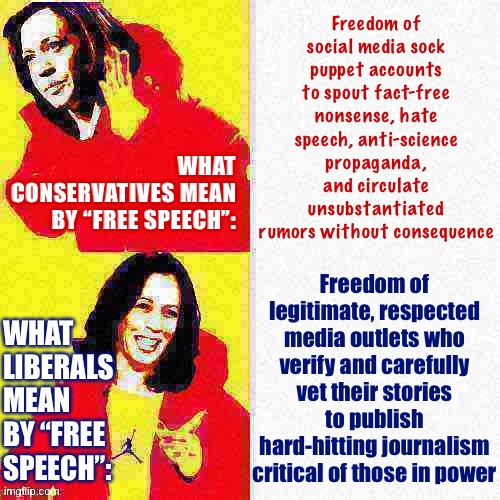 Right and left talk past each other on free speech because we aren’t talking about the same thing. | Freedom of social media sock puppet accounts to spout fact-free nonsense, hate speech, anti-science propaganda, and circulate unsubstantiate | image tagged in kamala harris hotline bling deep-fried 1 | made w/ Imgflip meme maker