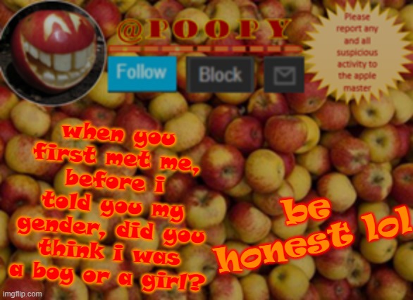 poopy | when you first met me, before i told you my gender, did you think i was a boy or a girl? be honest lol | image tagged in poopy | made w/ Imgflip meme maker