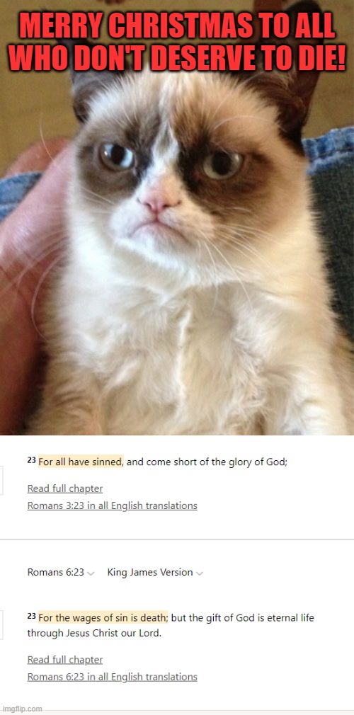 When Grumpy Cat does Bible Study |  MERRY CHRISTMAS TO ALL WHO DON'T DESERVE TO DIE! | image tagged in memes,grumpy cat,bible verse,die,merry christmas | made w/ Imgflip meme maker