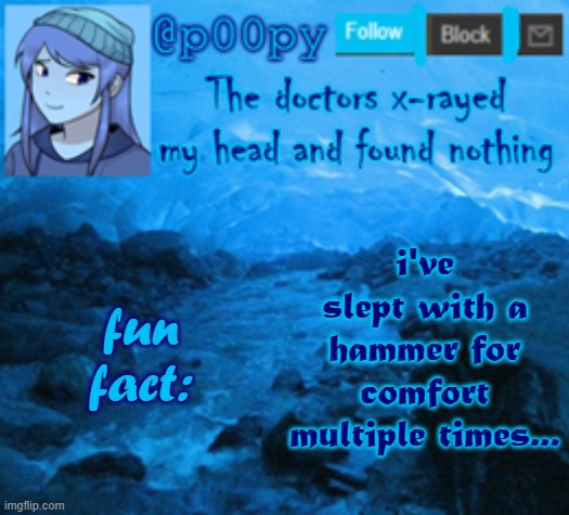 donotquestionme | i've slept with a hammer for comfort multiple times... fun fact: | image tagged in poopy | made w/ Imgflip meme maker