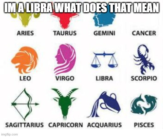 Zodiac Signs | IM A LIBRA WHAT DOES THAT MEAN | image tagged in zodiac signs,libra | made w/ Imgflip meme maker