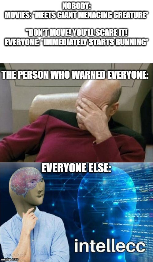 and then everyone freaking dies | NOBODY:
MOVIES: *MEETS GIANT MENACING CREATURE*; "DON'T MOVE! YOU'LL SCARE IT!
EVERYONE: *IMMEDIATELY STARTS RUNNING*; THE PERSON WHO WARNED EVERYONE:; EVERYONE ELSE: | image tagged in memes,captain picard facepalm,intelecc | made w/ Imgflip meme maker