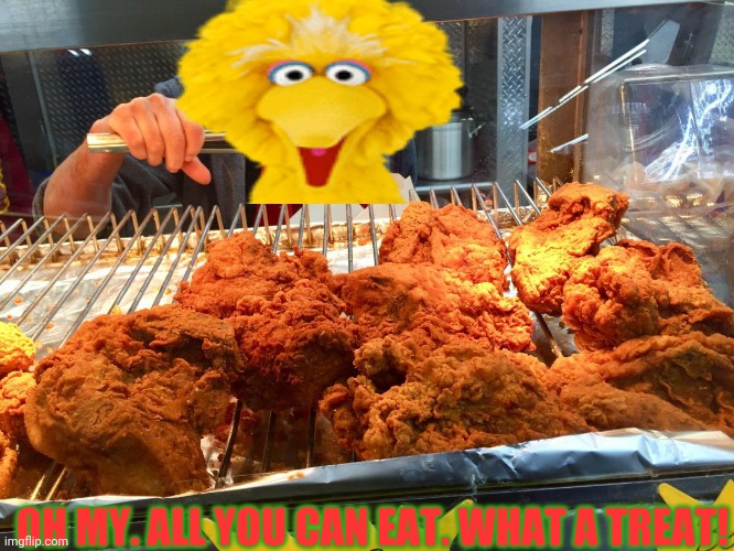 Big Bird at the buffet | OH MY. ALL YOU CAN EAT. WHAT A TREAT! | image tagged in big bird,loves,fried chicken,all you can eat,buffet | made w/ Imgflip meme maker