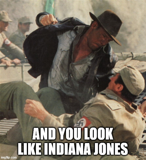 Indiana Jones Punching Nazis | AND YOU LOOK LIKE INDIANA JONES | image tagged in indiana jones punching nazis | made w/ Imgflip meme maker