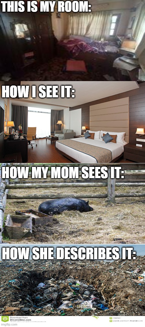 Indeed :( | THIS IS MY ROOM:; HOW I SEE IT:; HOW MY MOM SEES IT:; HOW SHE DESCRIBES IT: | image tagged in blank white template | made w/ Imgflip meme maker