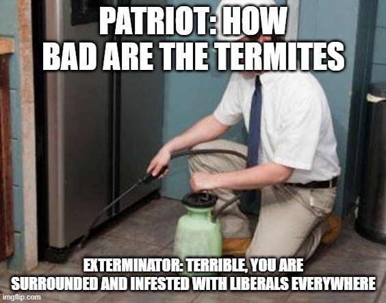 Liberal communist Termites | PATRIOT: HOW BAD ARE THE TERMITES; EXTERMINATOR: TERRIBLE, YOU ARE SURROUNDED AND INFESTED WITH LIBERALS EVERYWHERE | image tagged in exterminator | made w/ Imgflip meme maker