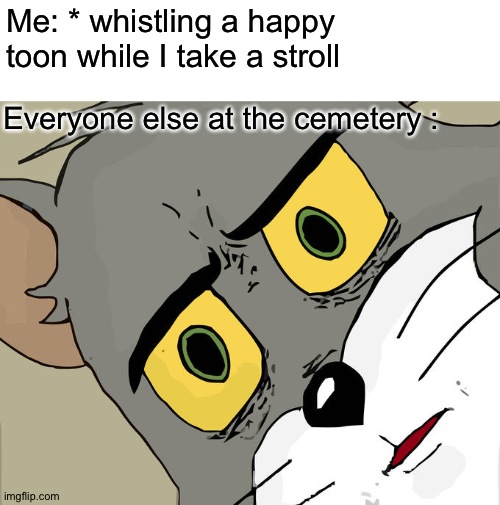 Just taking a stroll | Me: * whistling a happy toon while I take a stroll; Everyone else at the cemetery : | image tagged in memes,unsettled tom,funny,dark humor,imgflip | made w/ Imgflip meme maker