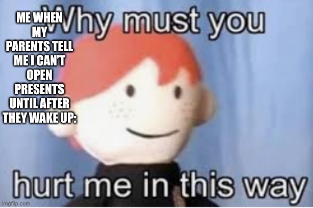 W H Y ? | ME WHEN MY PARENTS TELL ME I CAN’T OPEN PRESENTS UNTIL AFTER THEY WAKE UP: | image tagged in memes,ron weasley,why must you hurt me in this way,happy wheels | made w/ Imgflip meme maker