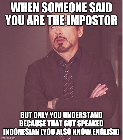 That would be gr8 | WHEN SOMEONE SAID YOU ARE THE IMPOSTOR; BUT ONLY YOU UNDERSTAND BECAUSE THAT GUY SPEAKED INDONESIAN (YOU ALSO KNOW ENGLISH) | image tagged in memes,face you make robert downey jr | made w/ Imgflip meme maker