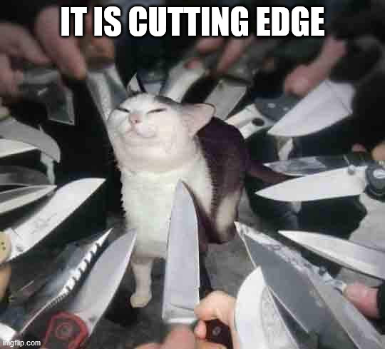 Knife Cat | IT IS CUTTING EDGE | image tagged in knife cat | made w/ Imgflip meme maker