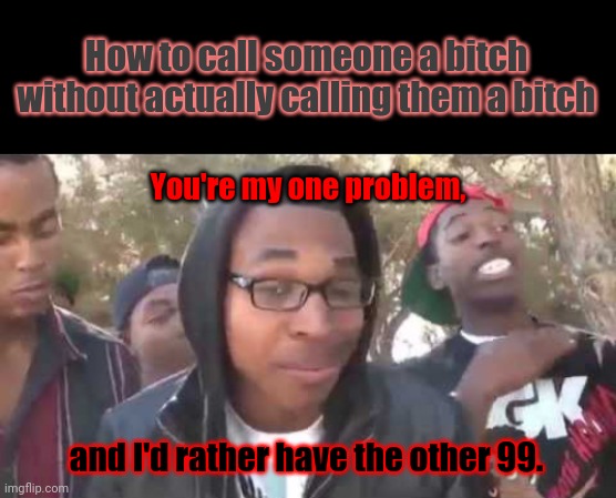 Thanks to Jay-Z | How to call someone a bitch without actually calling them a bitch; You're my one problem, and I'd rather have the other 99. | image tagged in narrow black strip background,i'm about to end this man's whole career,memes,jay z,i got 99 problems | made w/ Imgflip meme maker