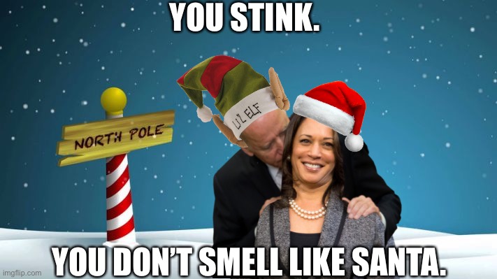 It’s not beef and cheese | YOU STINK. YOU DON’T SMELL LIKE SANTA. | image tagged in joe biden,kamala harris,santa claus,elf | made w/ Imgflip meme maker