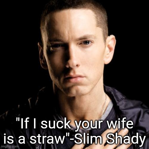 Eminem Meme | "If I suck your wife is a straw"-Slim Shady | image tagged in memes,eminem | made w/ Imgflip meme maker