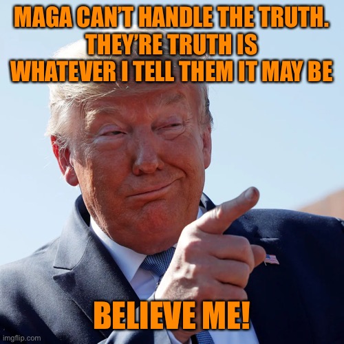 MAGA CAN’T HANDLE THE TRUTH.
THEY’RE TRUTH IS WHATEVER I TELL THEM IT MAY BE BELIEVE ME! | made w/ Imgflip meme maker