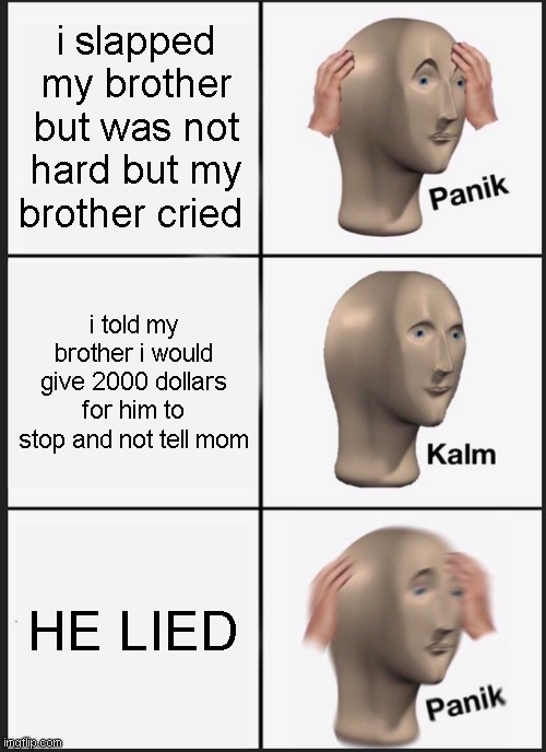 Panik Kalm Panik | i slapped my brother but was not hard but my brother cried; i told my brother i would give 2000 dollars for him to stop and not tell mom; HE LIED | image tagged in memes,panik kalm panik | made w/ Imgflip meme maker