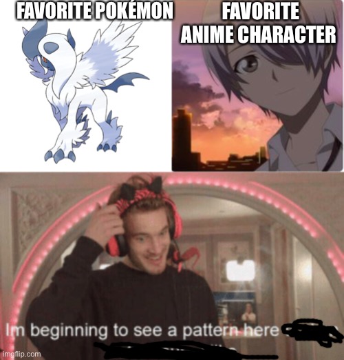 Mega absol is so beautiful and majestic, Ian is just a cinnamon roll | FAVORITE POKÉMON; FAVORITE ANIME CHARACTER | image tagged in im beginning to see a pattern here im not so sure i like | made w/ Imgflip meme maker