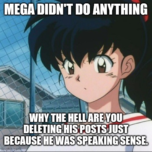 My god | MEGA DIDN'T DO ANYTHING; WHY THE HELL ARE YOU DELETING HIS POSTS JUST BECAUSE HE WAS SPEAKING SENSE. | image tagged in kagome has never seen such bullshit | made w/ Imgflip meme maker