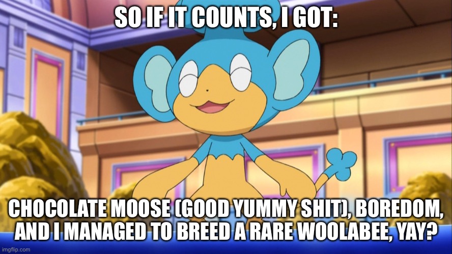 SO IF IT COUNTS, I GOT:; CHOCOLATE MOOSE (GOOD YUMMY SHIT), BOREDOM, AND I MANAGED TO BREED A RARE WOOLABEE, YAY? | made w/ Imgflip meme maker
