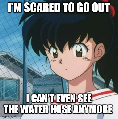 Kagome has never seen such Bullshit | I'M SCARED TO GO OUT; I CAN'T EVEN SEE THE WATER HOSE ANYMORE | image tagged in kagome has never seen such bullshit | made w/ Imgflip meme maker