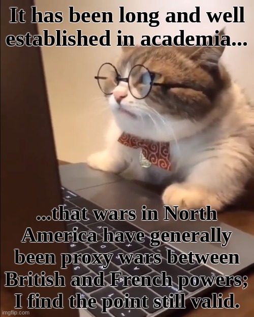 research cat | It has been long and well established in academia... ...that wars in North America have generally been proxy wars between British and French | image tagged in research cat | made w/ Imgflip meme maker