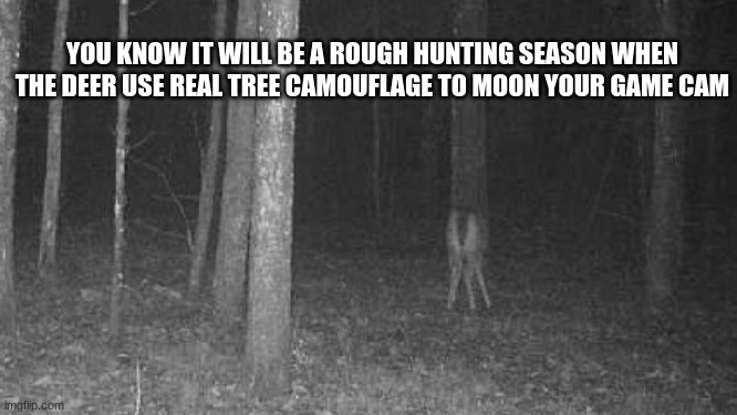 Happy Hunting | YOU KNOW IT WILL BE A ROUGH HUNTING SEASON WHEN THE DEER USE REAL TREE CAMOUFLAGE TO MOON YOUR GAME CAM | image tagged in deer moon,whereal tree camouflage,happy hunting,moon,no deer was harmed making this meme,hunting season | made w/ Imgflip meme maker