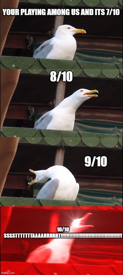 Inhaling Seagull | YOUR PLAYING AMONG US AND ITS 7/10; 8/10; 9/10; 10/10
SSSSTTTTTTTAAAARRRRRT!!!!!!!!!!!!!!!!!!!!!!!!!!!!!!!!!!!!!!!!!! | image tagged in memes,inhaling seagull | made w/ Imgflip meme maker