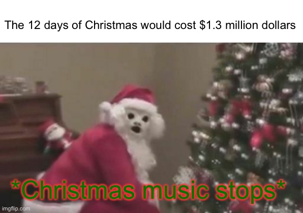 wow | The 12 days of Christmas would cost $1.3 million dollars; *Christmas music stops* | image tagged in christmas,stop,music,santa | made w/ Imgflip meme maker