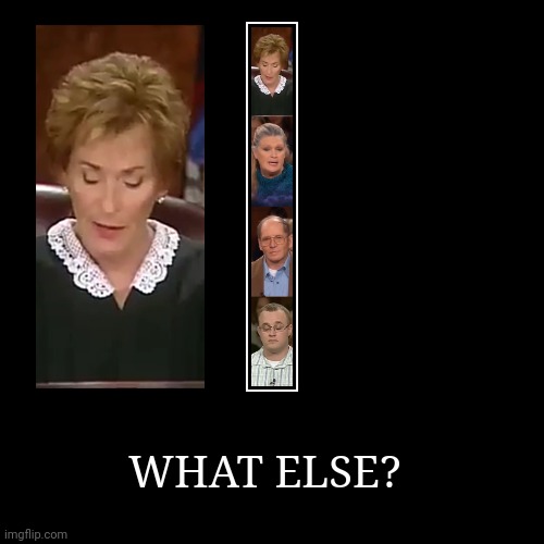 What else? Judge Judy | image tagged in funny,demotivationals,judge judy,what do we want | made w/ Imgflip demotivational maker