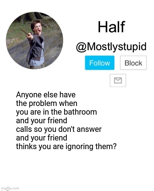 Mostlystupid template | Anyone else have the problem when you are in the bathroom and your friend calls so you don't answer and your friend thinks you are ignoring them? | image tagged in mostlystupid template | made w/ Imgflip meme maker