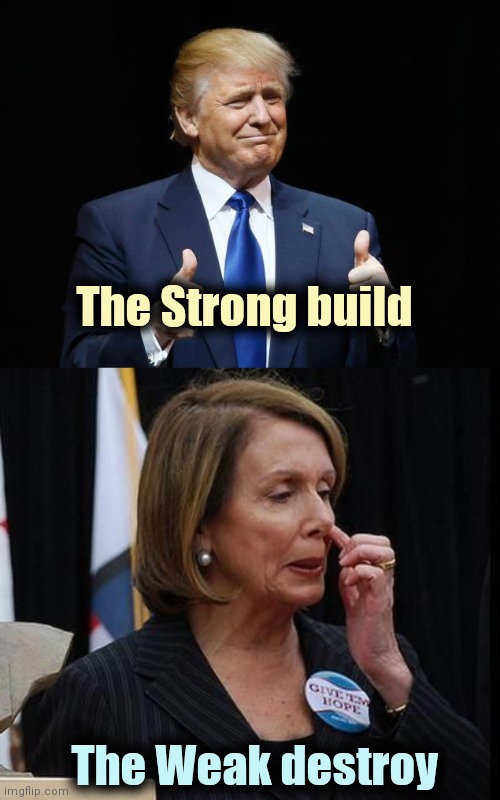 They destroyed the Country to get President Trump out of the way | The Strong build; The Weak destroy | image tagged in donald trump thumbs up,nancy pelosi,destruction,dempanic,thats a lot of damage | made w/ Imgflip meme maker