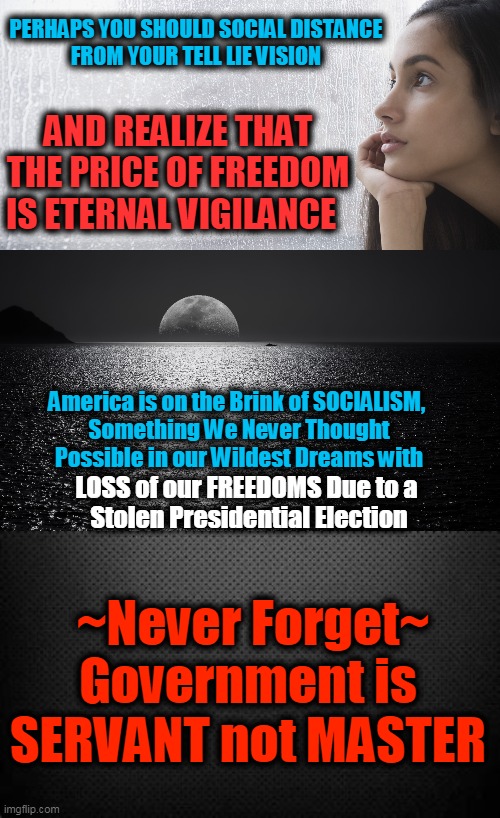 “WE THE PEOPLE” | PERHAPS YOU SHOULD SOCIAL DISTANCE 
FROM YOUR TELL LIE VISION; AND REALIZE THAT THE PRICE OF FREEDOM IS ETERNAL VIGILANCE; America is on the Brink of SOCIALISM, 
Something We Never Thought Possible in our Wildest Dreams with; ~Never Forget~
Government is 
SERVANT not MASTER; LOSS of our FREEDOMS Due to a 
Stolen Presidential Election | image tagged in politics,democratic socialism,liberal vs conservative,freedom,america,government corruption | made w/ Imgflip meme maker