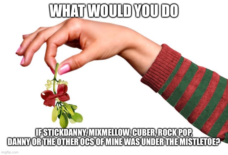 Mistletoe  | WHAT WOULD YOU DO; IF STICKDANNY, MIXMELLOW, CUBER, ROCK POP, DANNY OR THE OTHER OCS OF MINE WAS UNDER THE MISTLETOE? | image tagged in mistletoe | made w/ Imgflip meme maker